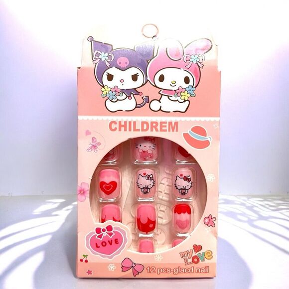 🤯5/$20🤯 Hello Kitty Pink And Red Heart Press On Nails For Kids - Picture 1 of 2